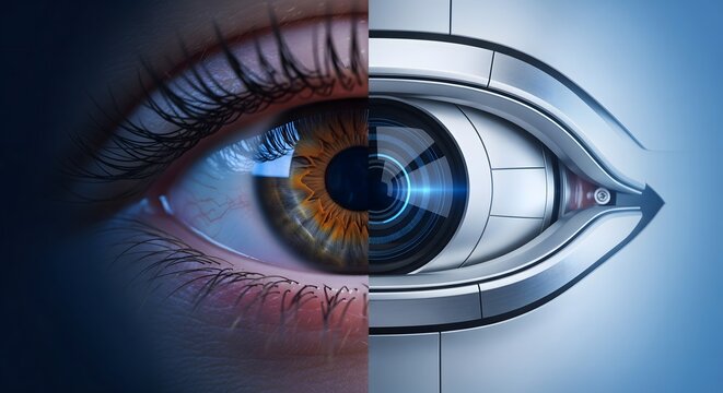 Macro composite photo of a human eye side by side with a futuristic bionic robotic eye representing artificial intelligence