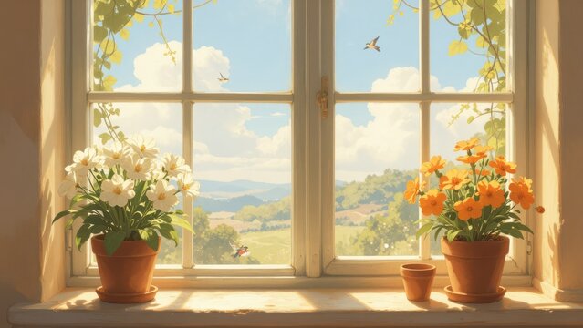 Potted Flowers on Windowsill Overlooking Countryside Landscape