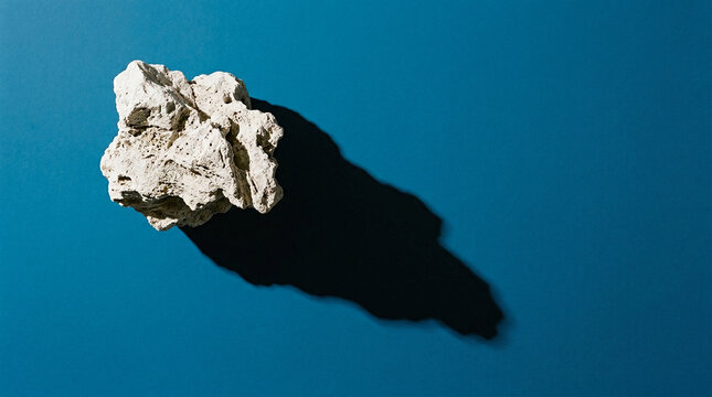 A single piece of jagged white porous pumice stone rests on a vibrant blue background casting a long shadow