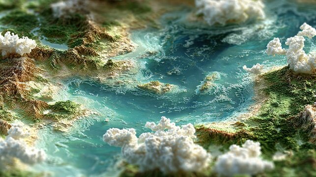 3D Topographic Relief Landscape Aerial View: Coastal Mountain Terrain, Ocean Archipelago and Fluffy Cumulus Clouds