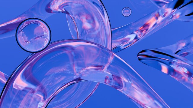 Fluid liquid blue glass shapes and spheres abstract background. 3d illustration