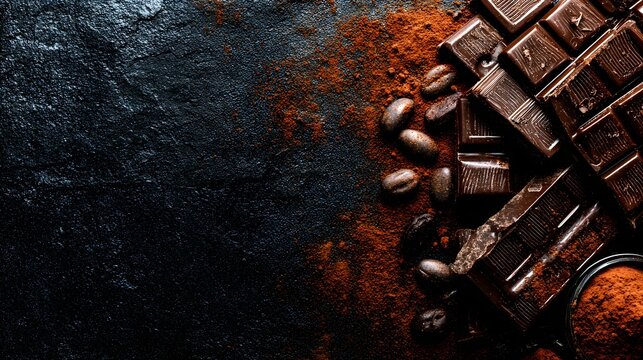 pieces scattered with cocoa powder dust on dark slate background moody indulgent theme