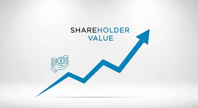 Business growth graph showing increasing shareholder value with rising arrow and financial symbols on a white background