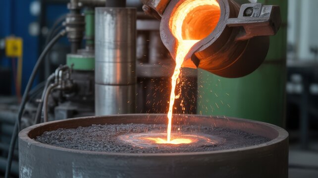 Molten metal pouring from a ladle into a sand mold in a factory, showcasing a hot industrial casting process.
