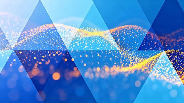 Abstract blue triangles with floating particles and digital visual effects
