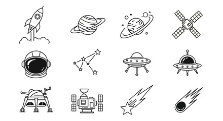 Set of space exploration icons and astronomy line art elements on white background. © Agus