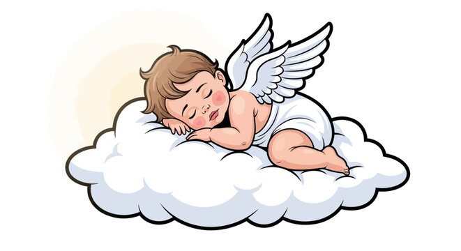 Cute Cartoon Baby Angel Sleeping Peacefully on a Fluffy White Cloud