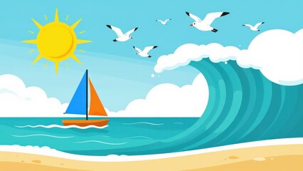 Naklejka premium Sailboat on Ocean with Large Wave and Seagulls Flying
