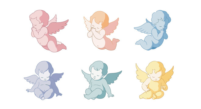 Set of Cute Pastel Baby Angel and Cherub Illustrations
