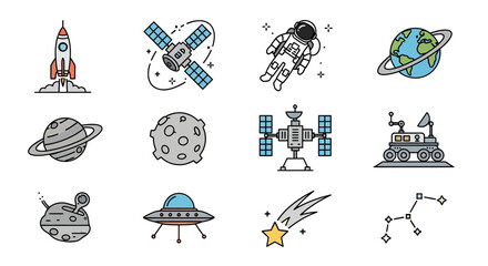 Collection of flat icons representing space exploration and celestial objects. © Agus