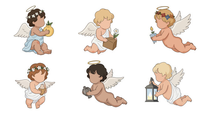 Diverse Set of Cute Baby Angel Cherub Illustrations
