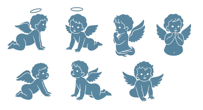Set of Blue Baby Angel Cherub Illustrations in Various Poses