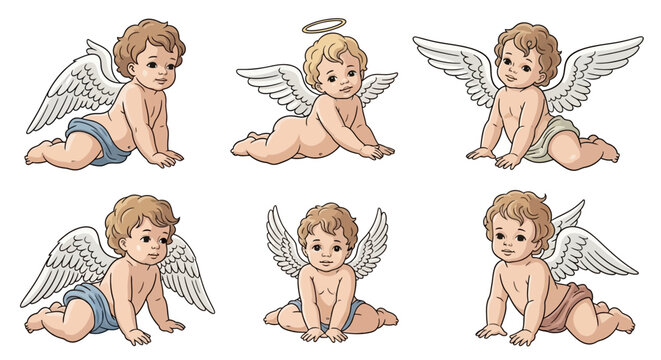 Set of Cute Baby Angel Cherubs Illustrations on White Background