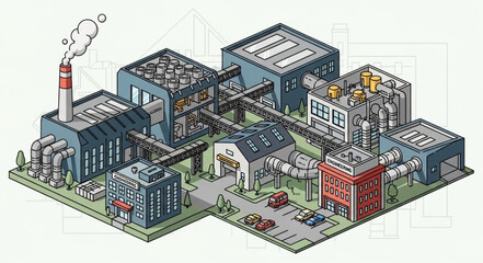 Fototapeta premium Isometric Illustration of a Complex Industrial Factory with Chimney.