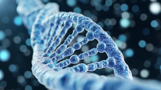 Abstract 3D DNA Helix Structure Animation with Blue Glowing Particles.