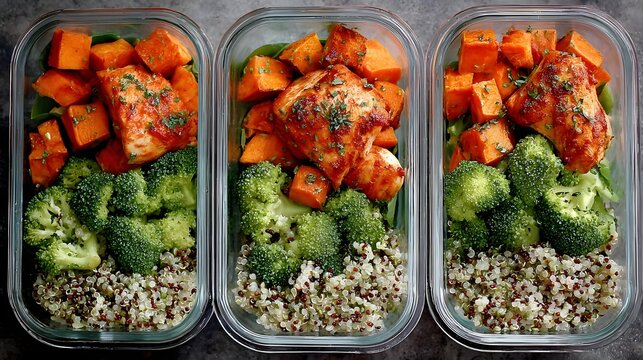 prep containers filled with grilled chicken quinoa broccoli and sweet potato balanced nutrition planning concept