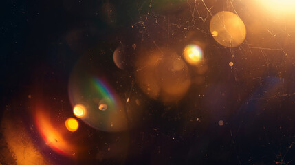 Fototapeta premium Light leaks overlay effects include scratch dust and colorful blurred light on a black background, mimicking retro film aesthetics. This also features analog film burn lens flares and can be used as a