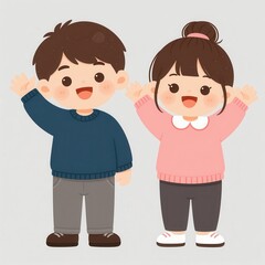 Obraz premium Two Cheerful Children Waving Hello in Cartoon Style