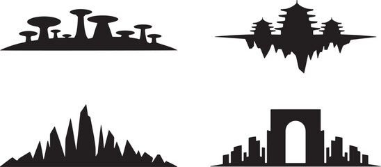 Naklejka premium Set of Four Fantasy Landscape Silhouettes Featuring Exotic Architecture and Floating Structures