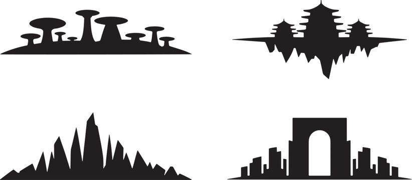 Set of Four Fantasy Landscape Silhouettes Featuring Exotic Architecture and Floating Structures