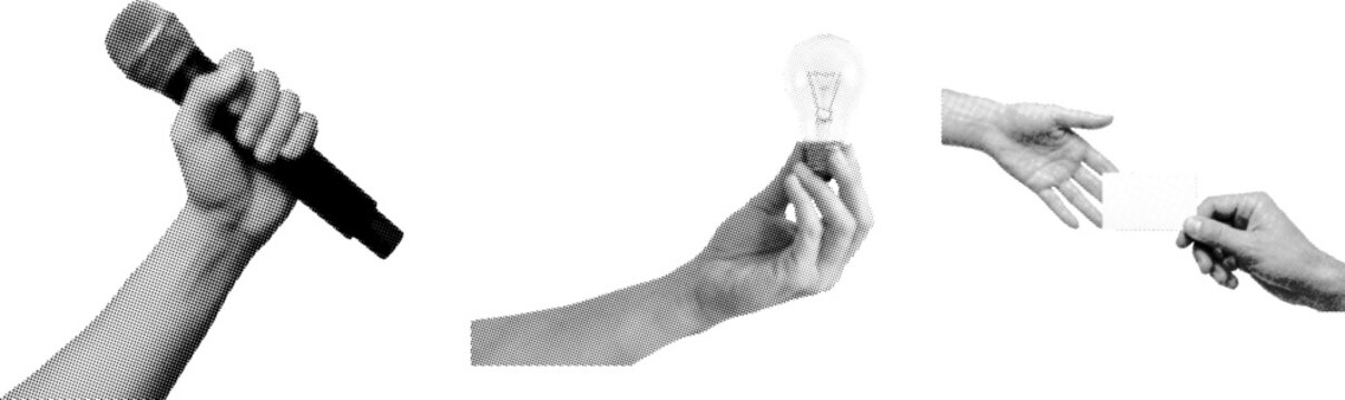 Three hands holding microphone light bulb and credit card on white background