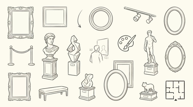 Collection of hand-drawn illustrations depicting various elements found in an art gallery or museum setting, including frames, sculptures, and visitor interactions.