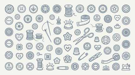 A comprehensive collection of vintage sewing and tailoring tools and notions, rendered in a charming, hand-drawn sketch style. © KN collection