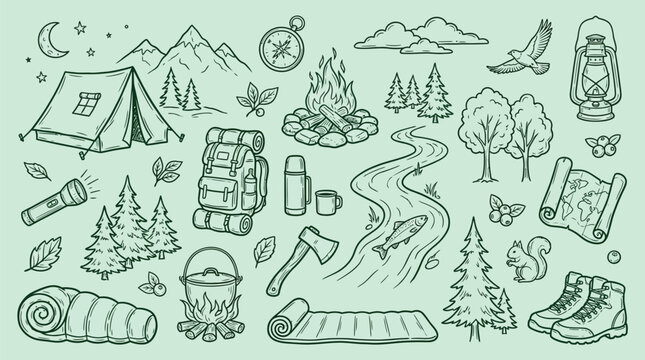 A charming hand-drawn illustration depicting various elements of camping and outdoor adventure, including tents, backpacks, and natural scenery.