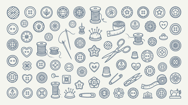 A comprehensive collection of vintage sewing and tailoring tools and notions, rendered in a charming, hand-drawn sketch style.
