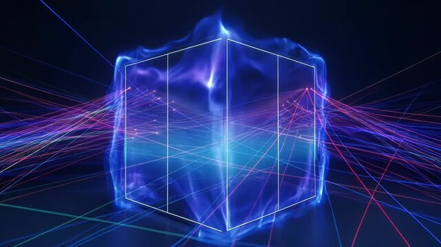 A glowing blue cube surrounded by swirling smoke and light streaks on a dark background