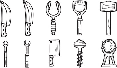 Obraz premium Black and white icons set of garden tools and equipment Vector