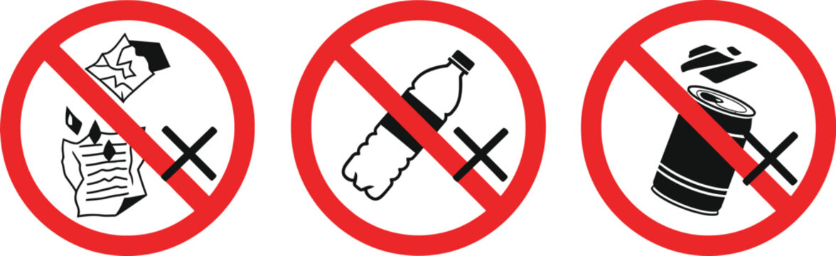 No Littering Signs with Trash, Bottle, and Can Symbols