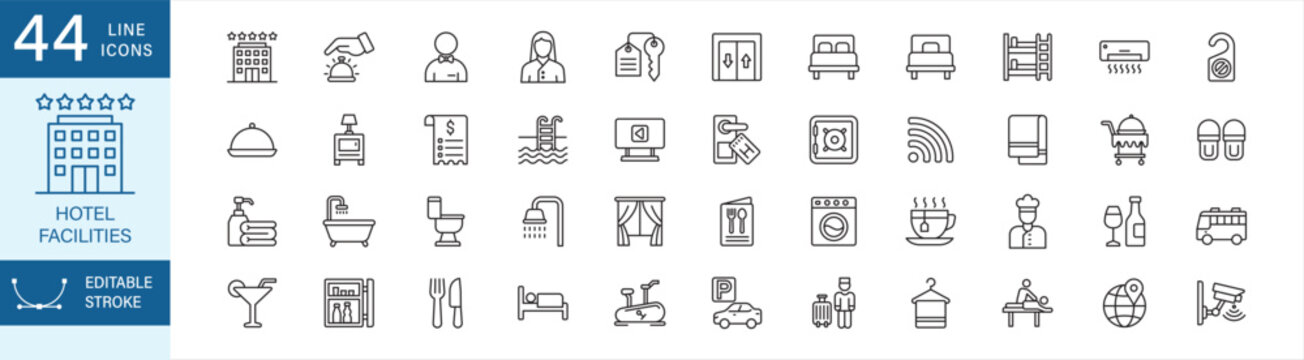 Hotel, amenities and facilities icon set. Containing : reception bell, receptionist, bellboy, room key, elevator, bed size, bunk bed, swimming pool, room service, parking, chef, service, gym, spa.