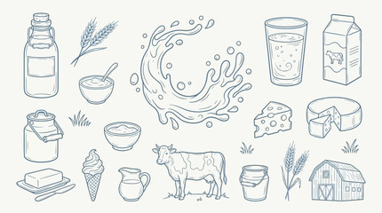A charming hand-drawn collection of dairy products, farm animals, and related elements, showcasing a rustic and wholesome farm-to-table theme. © KN collection