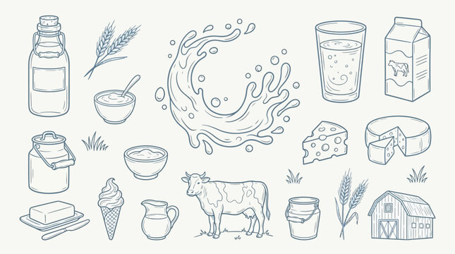 A charming hand-drawn collection of dairy products, farm animals, and related elements, showcasing a rustic and wholesome farm-to-table theme.