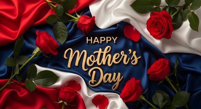 happy mother's day card with red roses and blue ribbon on dark background