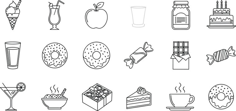 Outline food and drink icons vector set with donut coffee cake candy juice and snacks, minimal line collection for menu and cafe design