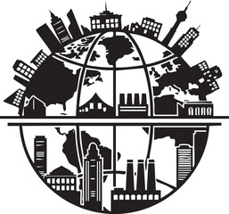 Black and white globe illustration, city skyline, urban landscape, world map, vector graphic © MdMasud