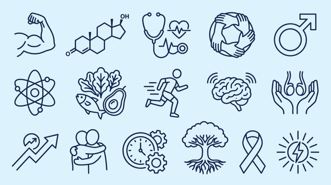 A collection of line art icons representing health, fitness, science, and lifestyle concepts on a light blue background.