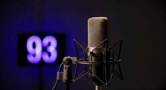Studio microphone with glowing 93 FM radio display background illustration