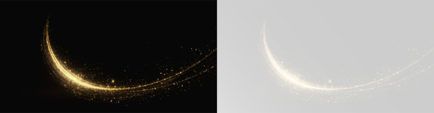 Golden shimmering waves with glitter particles and luxury magic trail overlay