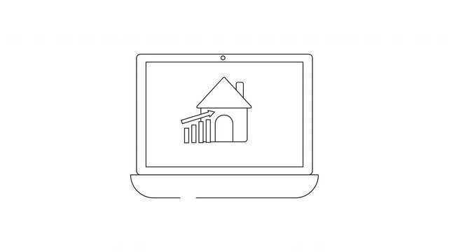 Simple Line Drawing of Laptop Displaying House and Growth Chart Icon.