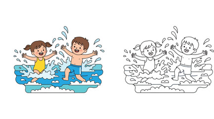 Fototapeta premium Happy Boy and Girl Splashing in Water Cartoon Illustration and Black and White Line Art Outline for Kids Summer Activity Coloring Page