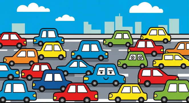 Colorful cartoon cars stuck in traffic jam on a city road.