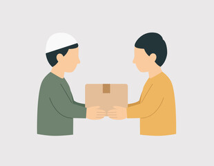 Fototapeta premium Delivery exchange vector illustration showing two people handing a package, ideal for logistics, shipping services, e-commerce, and courier concepts