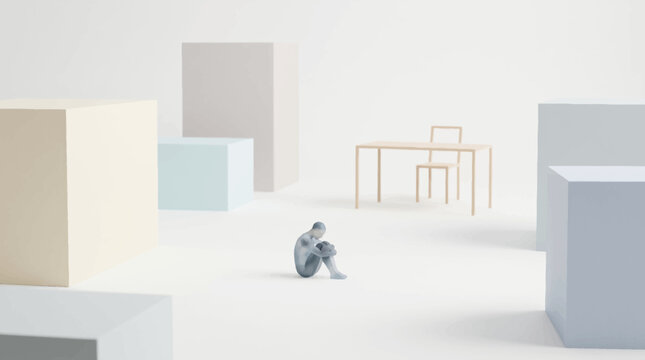 A small, solitary figure sits hunched on the floor amidst pastel blocks and minimalist furniture, conveying feelings of loneliness and introspection.
