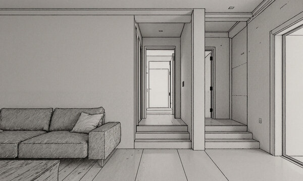 Architecture interior sketch showing a minimalist living room with a step-down entryway and hallway for modern home design