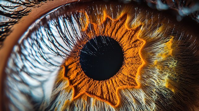 Iris pattern depth detailed macro photography human eye showcasing fiber patterns golden amber colors pupil reflections artistic studio lighting