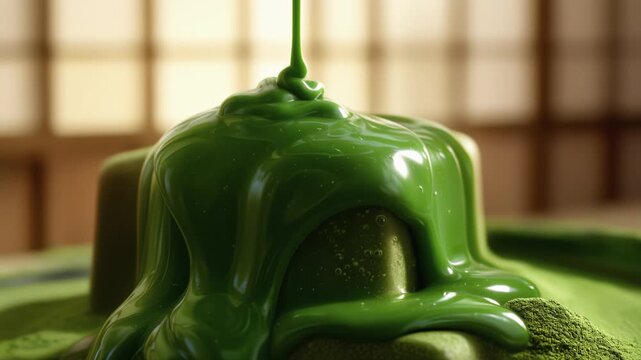 extreme macro close-up of luxurious matcha chocolate melting slowly