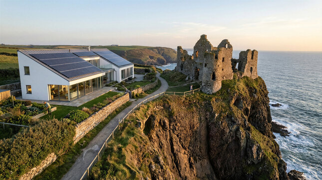 Architecture house castle coastline landscape shows a modern home with solar panels next to ancient ruins on a sea cliff